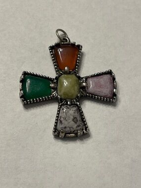 Multi-Color Stone Cross Pendant Necklace - Green, Orange, Pink, White, Yellow